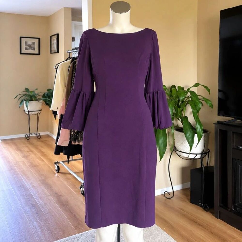 Eliza J Purple Bell Sleeve Sheath Dress Statement Sleeves Back Zip Size 6 New